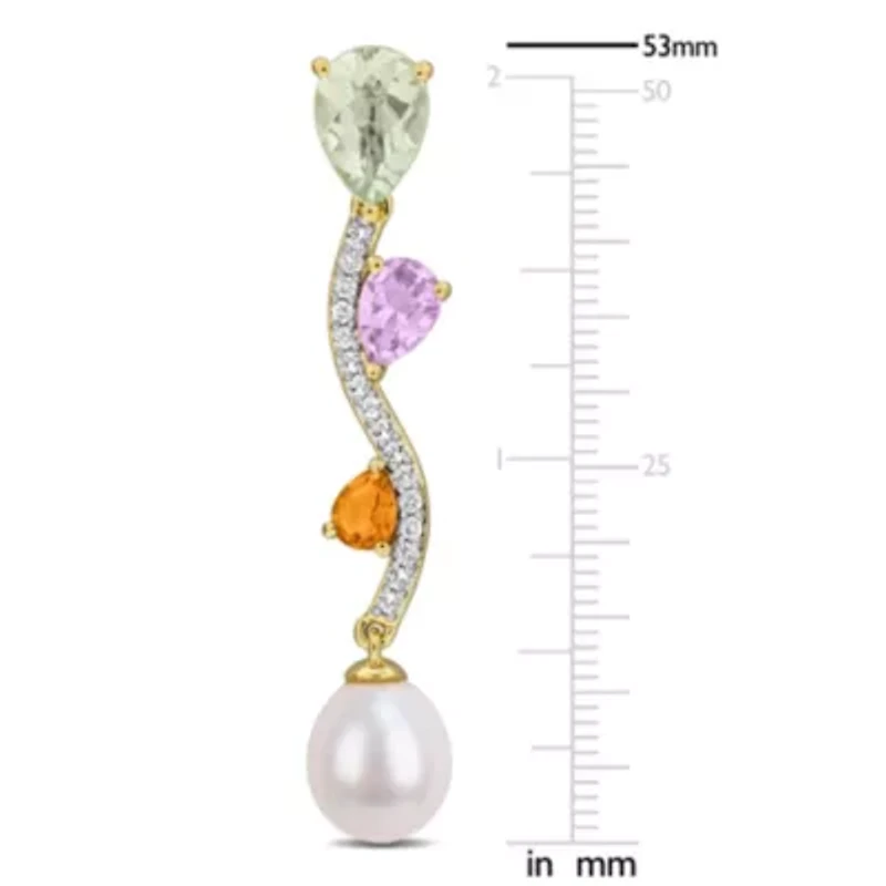 Green, Amethyst, Rose de France, Citrine, White Topaz & 9-9.5MM Freshwater Cultured Pearl Drop Earrings in Yellow Plated Sterling Silver