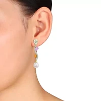 Green, Amethyst, Rose de France, Citrine, White Topaz & 9-9.5MM Freshwater Cultured Pearl Drop Earrings in Yellow Plated Sterling Silver