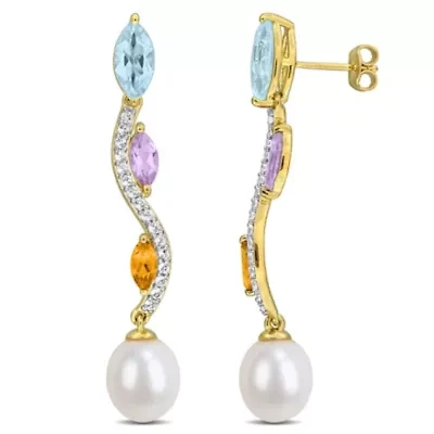 Sky Blue & White Topaz, Rose de France, Citrine & 9-9.5MM Freshwater Cultured Pearl Drop Earrings in Yellow Plated Sterling Silver