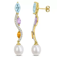 Sky Blue & White Topaz, Rose de France, Citrine & 9-9.5MM Freshwater Cultured Pearl Drop Earrings in Yellow Plated Sterling Silver