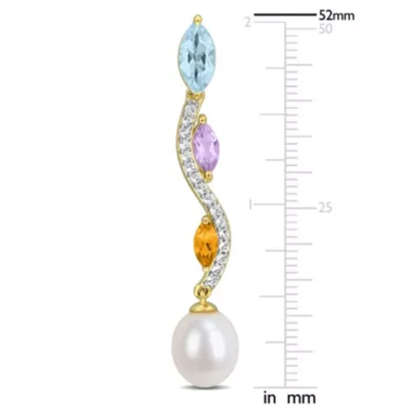 Sky Blue & White Topaz, Rose de France, Citrine & 9-9.5MM Freshwater Cultured Pearl Drop Earrings in Yellow Plated Sterling Silver