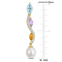Sky Blue & White Topaz, Rose de France, Citrine & 9-9.5MM Freshwater Cultured Pearl Drop Earrings in Yellow Plated Sterling Silver