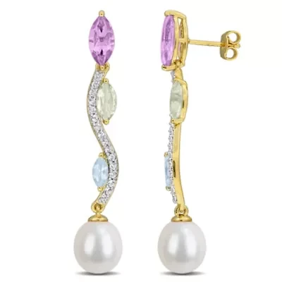 Rose de France, Green Quartz, Sky Blue & White Topaz & 9-9.5MM Freshwater Cultured Pearl Drop Earrings Yellow Plated Sterling Silver