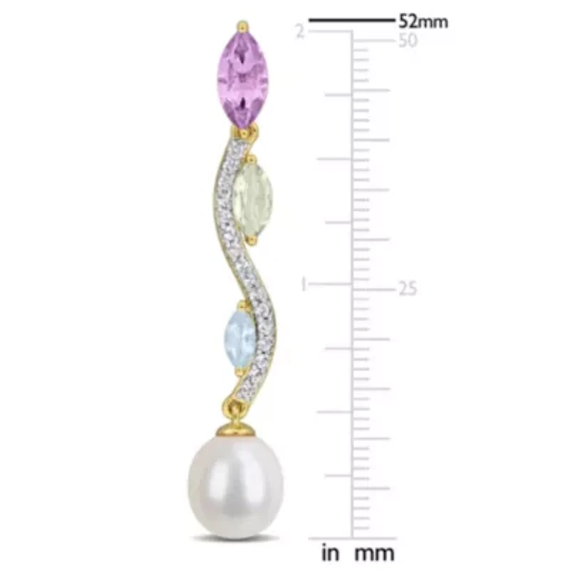Rose de France, Green Quartz, Sky Blue & White Topaz & 9-9.5MM Freshwater Cultured Pearl Drop Earrings Yellow Plated Sterling Silver