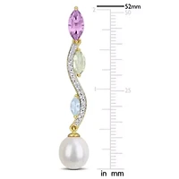 Rose de France, Green Quartz, Sky Blue & White Topaz & 9-9.5MM Freshwater Cultured Pearl Drop Earrings Yellow Plated Sterling Silver