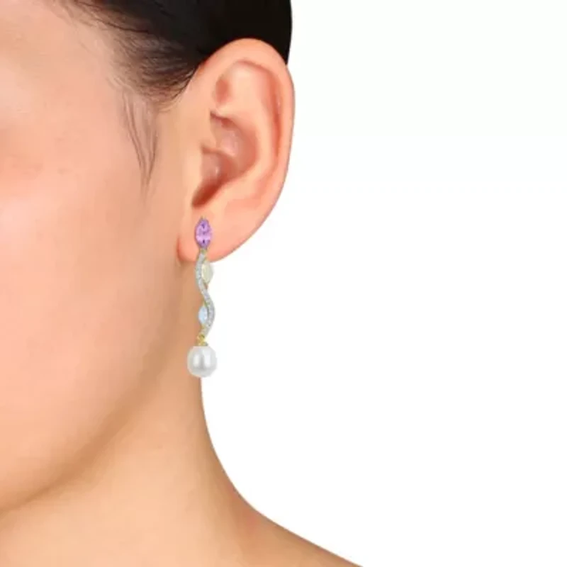 Rose de France, Green Quartz, Sky Blue & White Topaz & 9-9.5MM Freshwater Cultured Pearl Drop Earrings Yellow Plated Sterling Silver