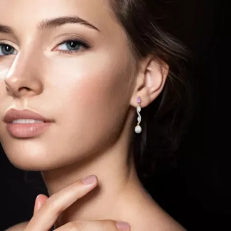 Rose de France, Green Quartz, Sky Blue & White Topaz & 9-9.5MM Freshwater Cultured Pearl Drop Earrings Yellow Plated Sterling Silver
