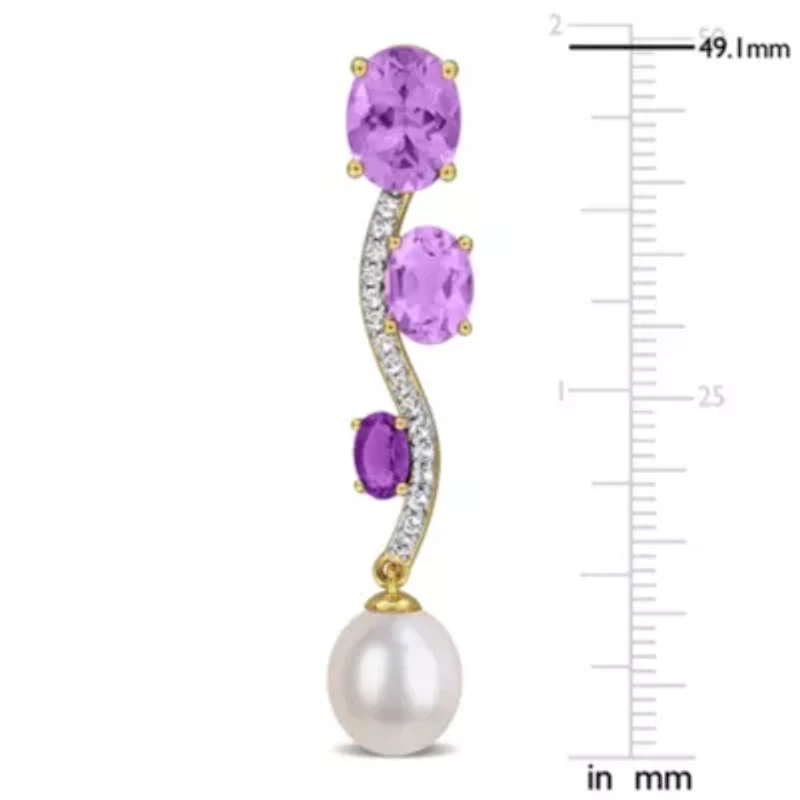 Amethyst, Rose de France, Amethyst-Africa, White Topaz & 9-9.5MM Freshwater Cultured Pearl Drop Earrings in Yellow Plated Sterling Silver