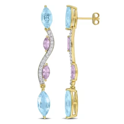 Sky Blue & White Topaz with Rose de France Drop Earrings in Yellow Plated Sterling Silver