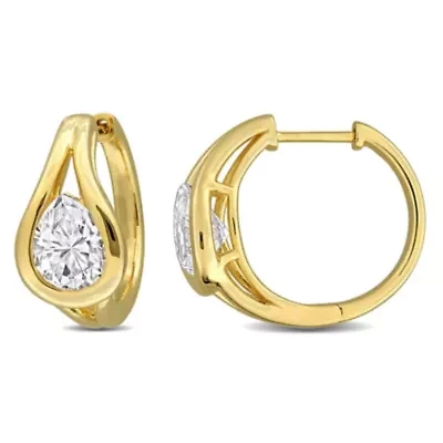 Lab Created Created White Moissanite Hoop Earrings in Yellow Plated Sterling Silver
