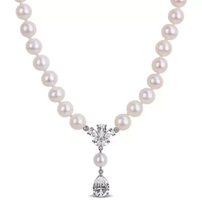 Lab Created Created White Sapphire & Freshwater Cultured Pearl Necklace in Sterling Silver, 17"
