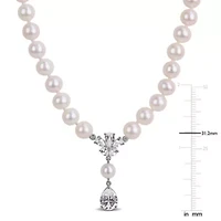 Lab Created Created White Sapphire & Freshwater Cultured Pearl Necklace in Sterling Silver, 17"
