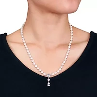 Lab Created Created White Sapphire & Freshwater Cultured Pearl Necklace in Sterling Silver, 17"