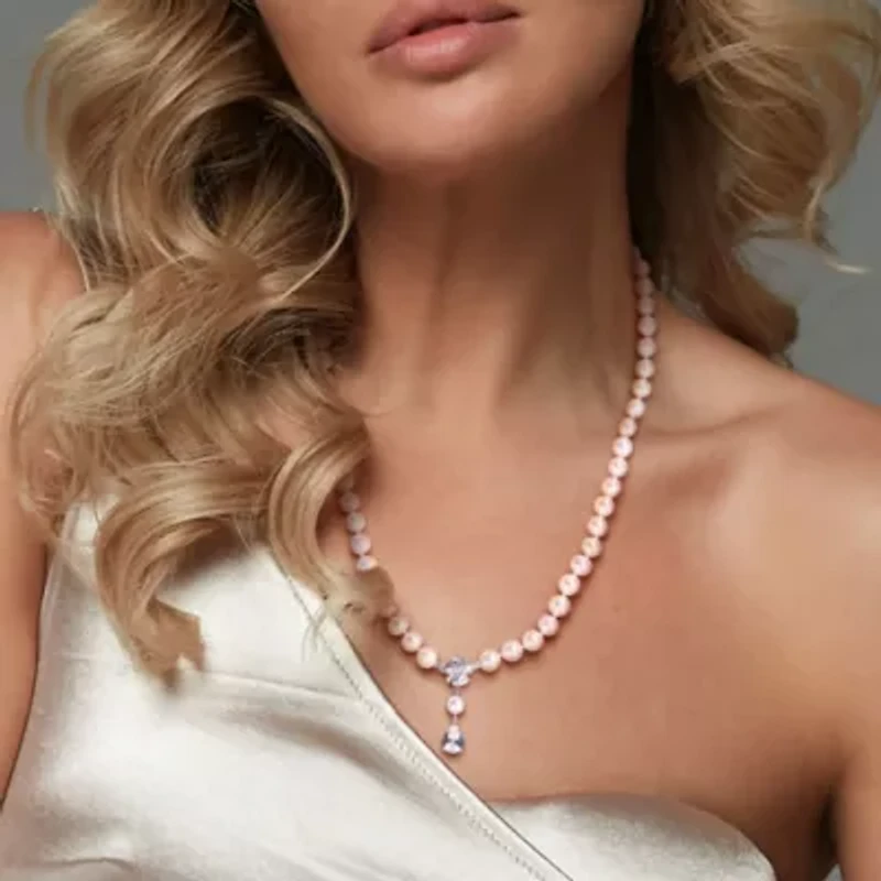 Lab Created Created White Sapphire & Freshwater Cultured Pearl Necklace in Sterling Silver, 17"