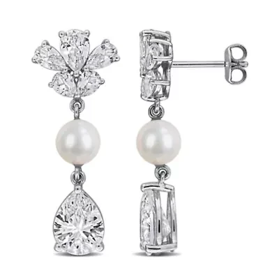 Lab Created Created White Sapphire & 6-6.5MM Freshwater Cultured Pearl Drop Earrings in Sterling Silver