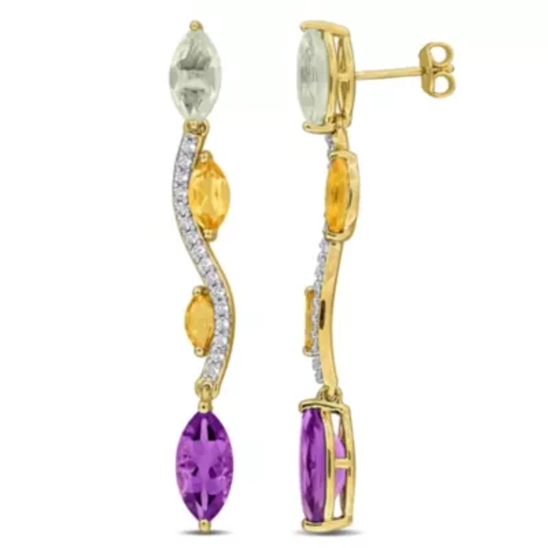 Green Quartz, Citrine, Amethyst & White Topaz Earrings in Yellow Plated Sterling Silver