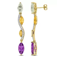 Green Quartz, Citrine, Amethyst & White Topaz Earrings in Yellow Plated Sterling Silver