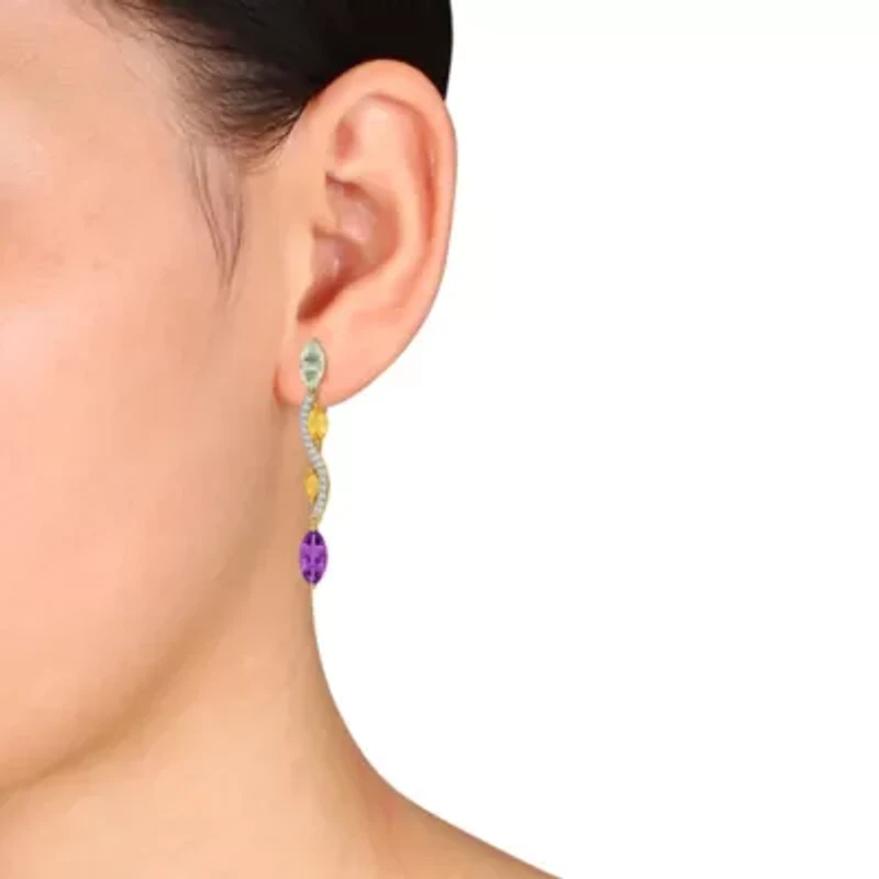Green Quartz, Citrine, Amethyst & White Topaz Earrings in Yellow Plated Sterling Silver