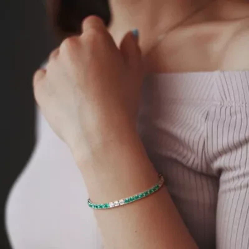 Lab Created Created White Sapphire & Created Emerald Bracelet in Yellow Plated Sterling Silver, 7.5"