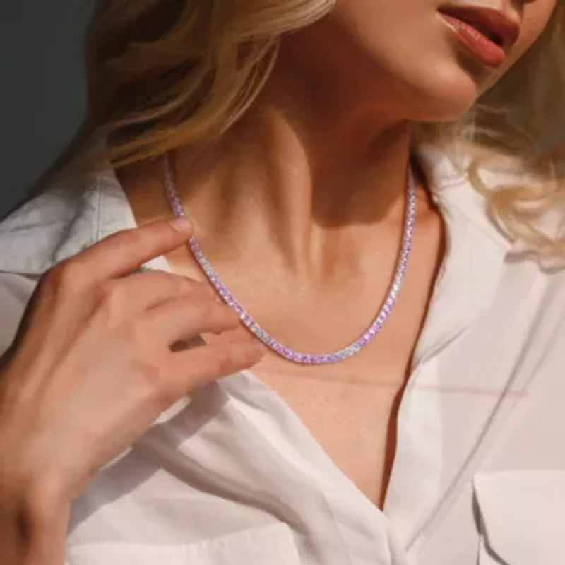 Lab Created Created Pink & White Sapphire Necklace in Yellow Plated Sterling Silver, 17"