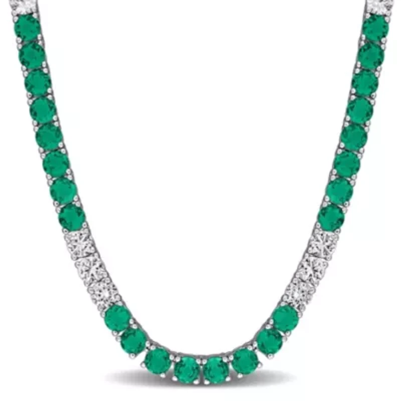 Lab Created Created Emerald & Created White Sapphire Necklace in Yellow Plated Sterling Silver, 17"