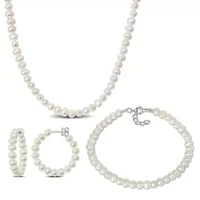3 Piece Set of 4.5-5mm Freshwater Cultured Pearl Bracelet, Earrings & Necklace, 17"+2" Ext. & 7.25"+1" Ext.
