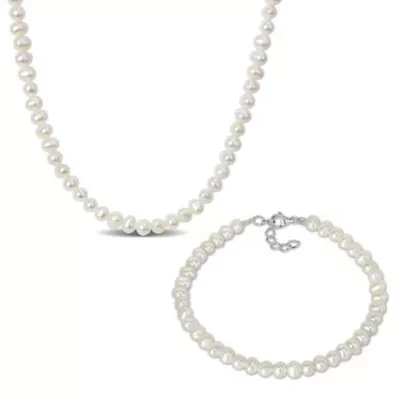 2 Piece Set of 4.5-5mm Freshwater Cultured Pearl Bracelet & Necklace, 17"+2"Ext. & 7.25+1" Ext.