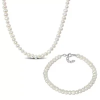 2 Piece Set of 4.5-5mm Freshwater Cultured Pearl Bracelet & Necklace, 17"+2"Ext. & 7.25+1" Ext.