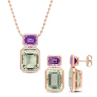 2 Piece Set of Green Quartz & Rose de France Necklace & Earrings in Rose Plated Sterling Silver, 18"