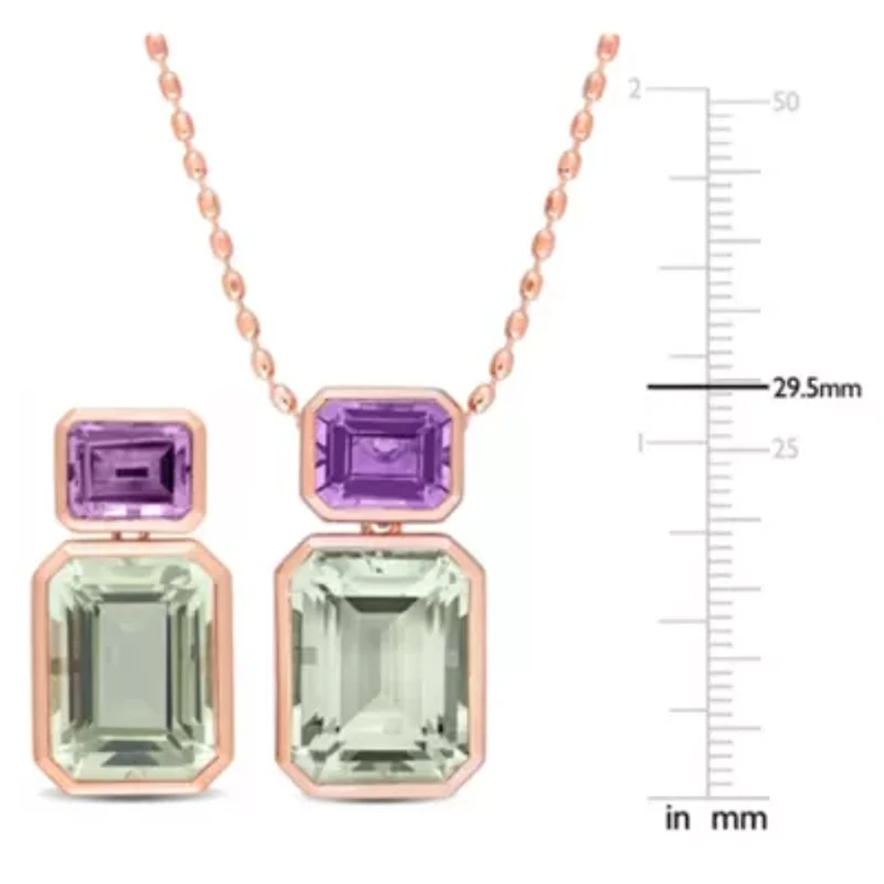 2 Piece Set of Green Quartz & Rose de France Necklace & Earrings in Rose Plated Sterling Silver, 18"