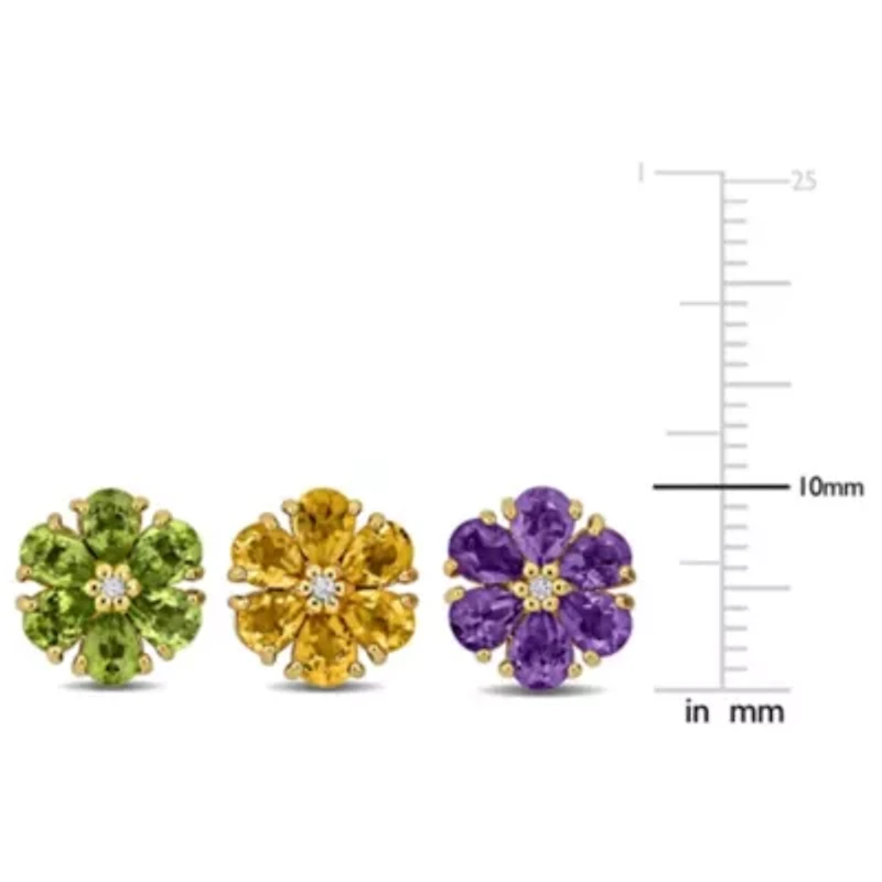 2 Piece Set of Amethyst, Citrine, Peridot, & White Topaz Flower Stud Earrings in Yellow Plated Sterling Silver