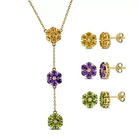 4 Piece Set of Multi-Gemstone Necklace & Earrings in Yellow Plated Sterling Silver, 18"+2"Ext.