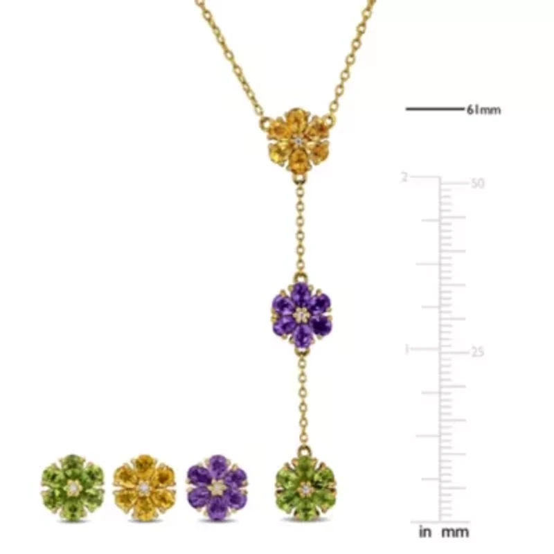 4 Piece Set of Multi-Gemstone Necklace & Earrings in Yellow Plated Sterling Silver, 18"+2"Ext.