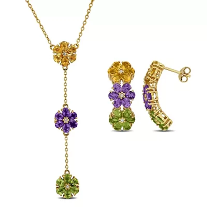2 Piece Set of Amethyst, Citrine, Peridot, & White Topaz Floral Earrings & Necklace in Yellow Plated Sterling Silver, 18"+2"Ext.
