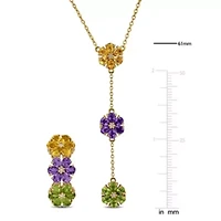 2 Piece Set of Amethyst, Citrine, Peridot, & White Topaz Floral Earrings & Necklace in Yellow Plated Sterling Silver, 18"+2"Ext.