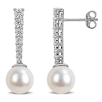 Lab Created 8-9mm Freshwater Cultured Pearl & Created White Moissanite Graduated Drop Earrings in 10k White Gold