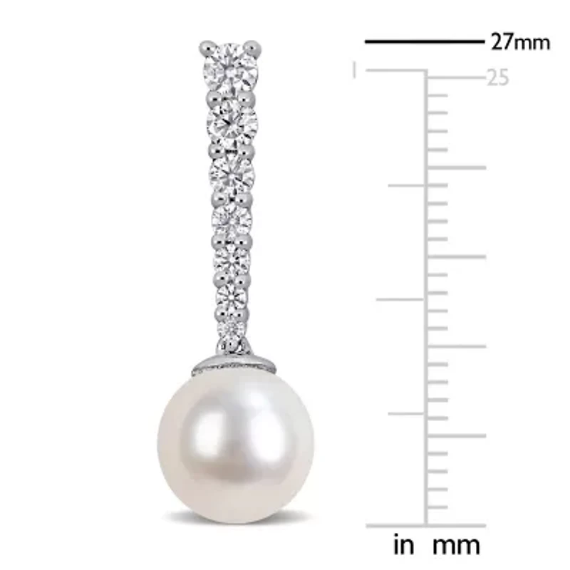Lab Created 8-9mm Freshwater Cultured Pearl & Created White Moissanite Graduated Drop Earrings in 10k White Gold