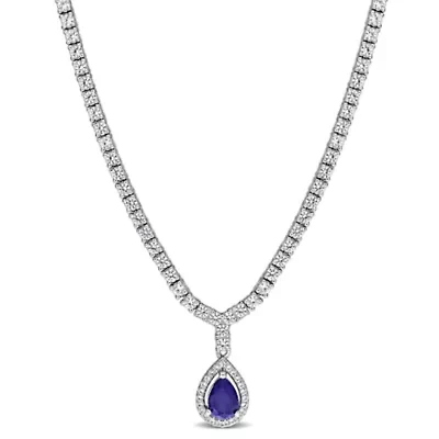 Lab Created Created Blue Sapphire & Created White Sapphire Necklace in Sterling Silver 16"+2"ext