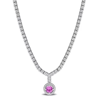 Lab Created Created Pink Sapphire & Created White Sapphire Necklace in Sterling Silver, 16"+2"ext