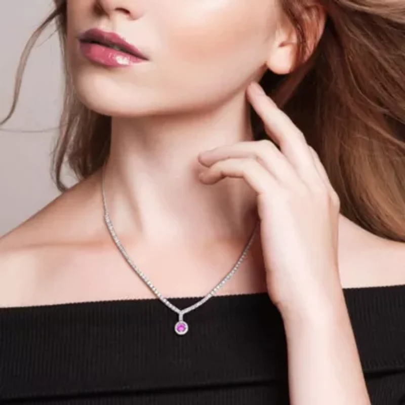 Lab Created Created Pink Sapphire & Created White Sapphire Necklace in Sterling Silver, 16"+2"ext