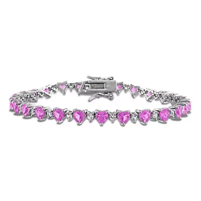 Lab Created Heart Created Pink Sapphire & Created White Sapphire Bracelet in Sterling Silver, 7"