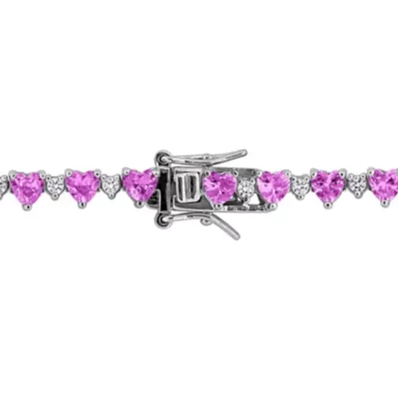 Lab Created Heart Created Pink Sapphire & Created White Sapphire Bracelet in Sterling Silver, 7"
