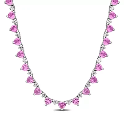 Lab Created Heart Created Pink Sapphire & Created White Sapphire Necklace in Sterling Silver, 16"