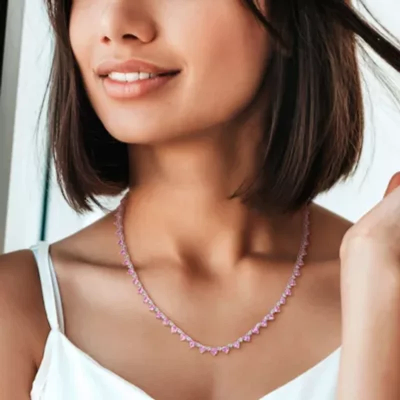 Lab Created Heart Created Pink Sapphire & Created White Sapphire Necklace in Sterling Silver, 16"