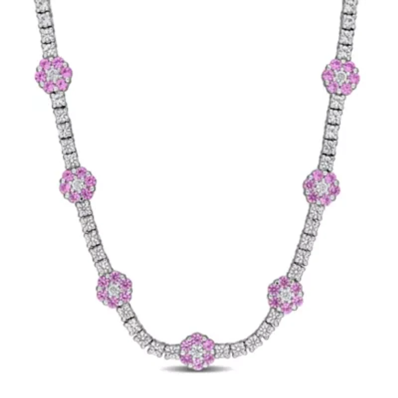 Lab Created Created Pink Sapphire & Created White Sapphire Necklace in Sterling Silver, 16"+2"ext