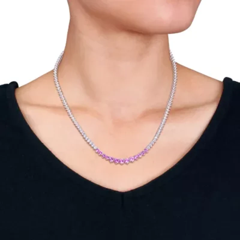 Lab Created Created Pink Sapphire & Created White Sapphire Necklace in Sterling Silver, 18"