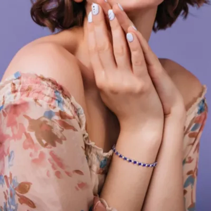 Lab Created Created Blue Sapphire & Created White Sapphire Bracelet in Sterling Silver, 7"