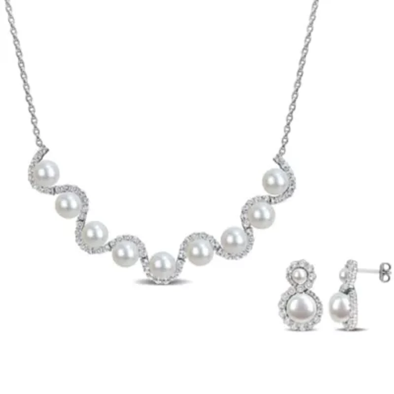 2-Piece Set of 4-8.5mm Freshwater Cultured Pearl & White Topaz Necklace & Earrings in Sterling Silver - 17 in
