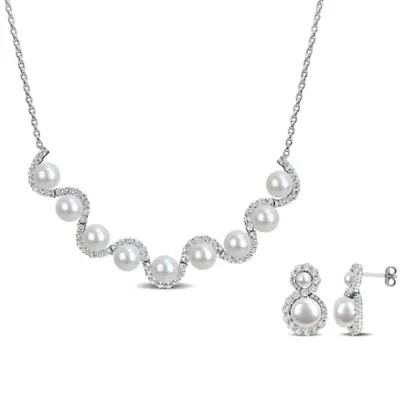 2-Piece Set of 4-8.5mm Freshwater Cultured Pearl & White Topaz Necklace & Earrings in Sterling Silver - 17 in