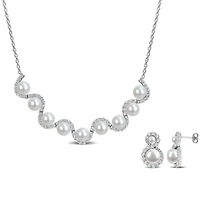 2-Piece Set of 4-8.5mm Freshwater Cultured Pearl & White Topaz Necklace & Earrings in Sterling Silver - 17 in